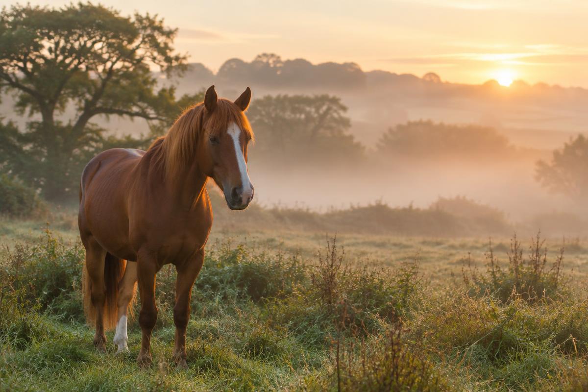 A gentle chestnut horse standing peacefully in a misty meadow at dawn