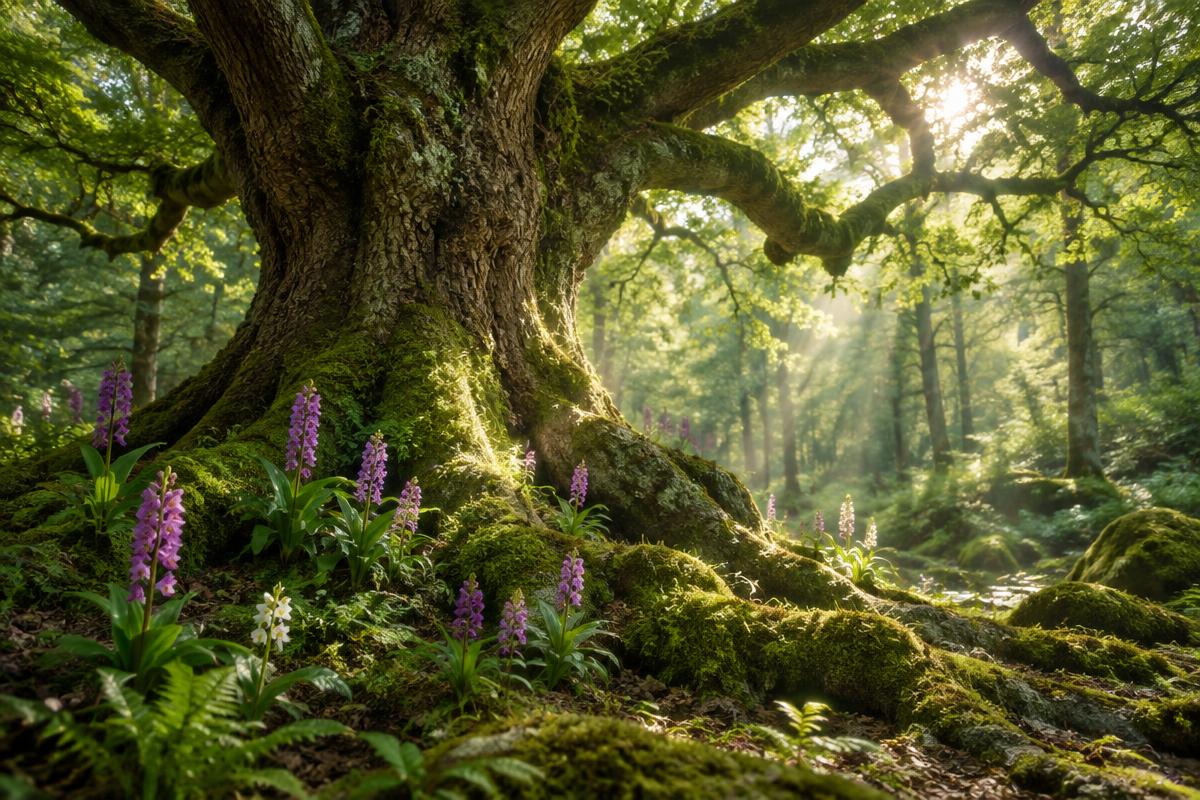 An ancient English oak with wild orchids at its mossy roots in dappled forest light