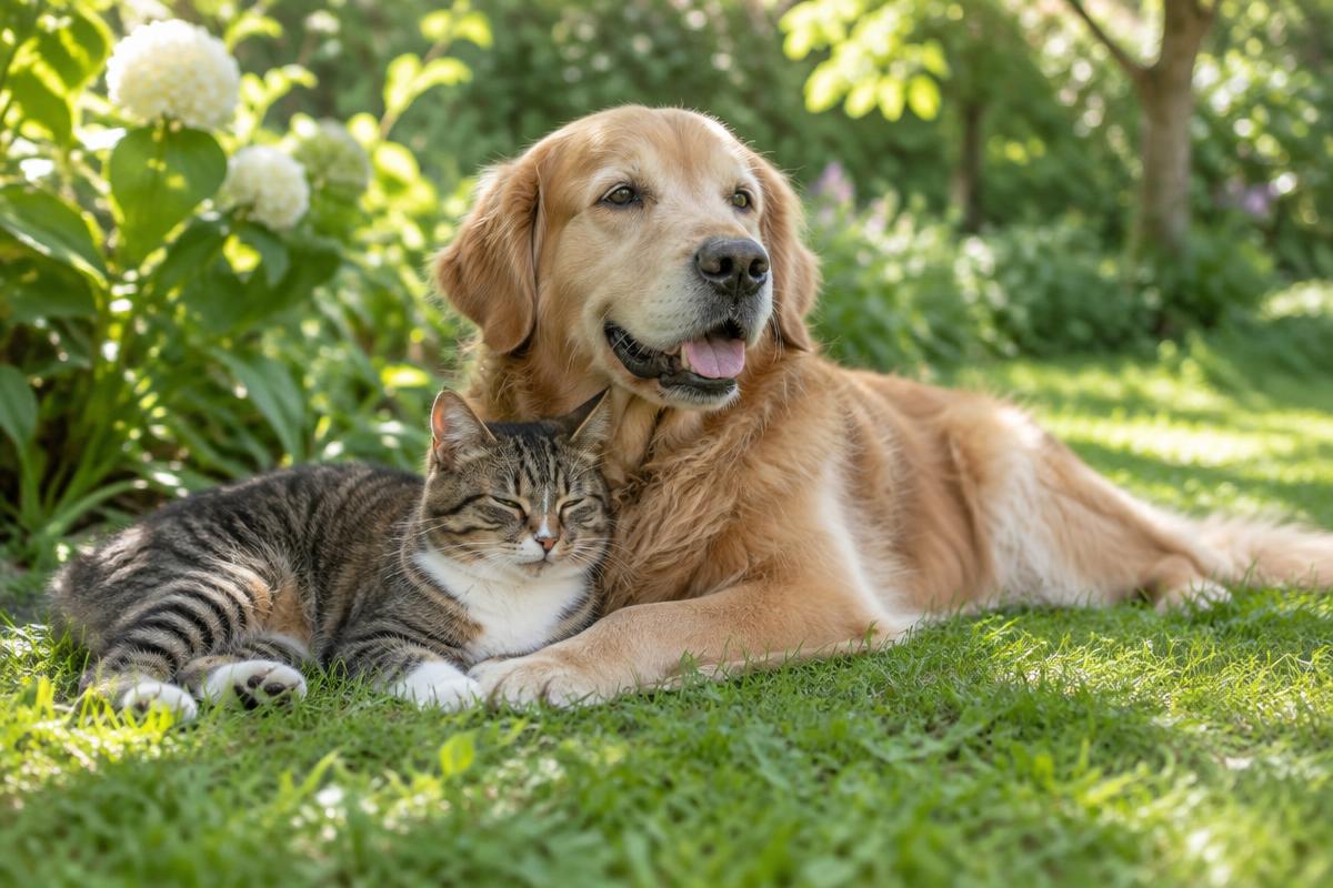 A cat and a dog resting peacefully together on soft grass in a lush garden