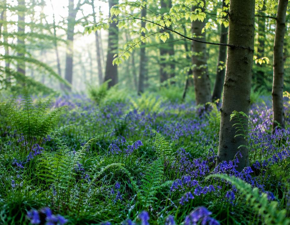 A lush spring bluebell woodland in soft morning light