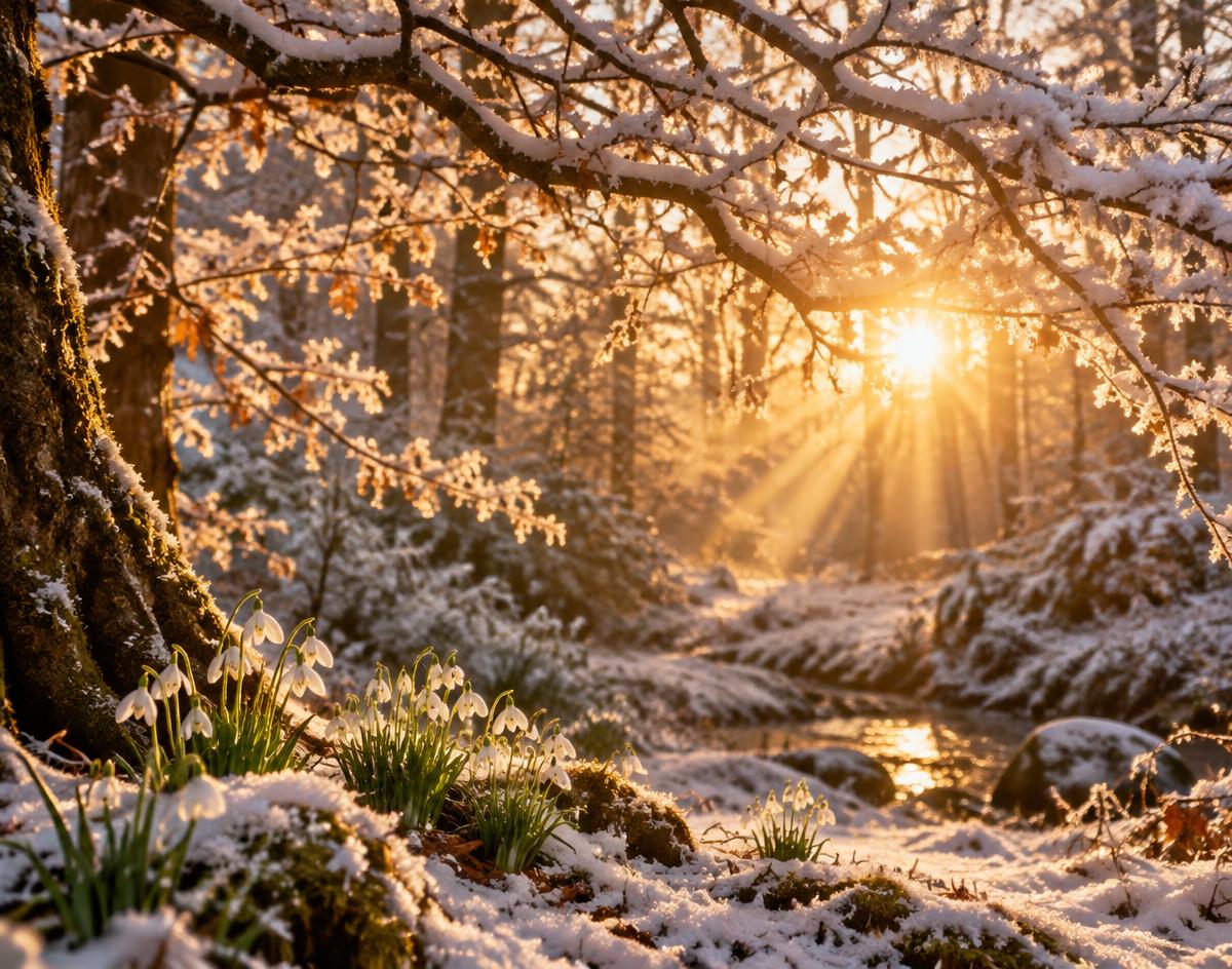 Warm golden winter sunlight glowing through frosted boughs above early snowdrops
